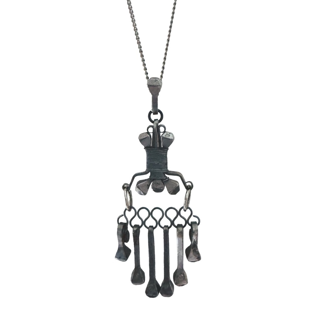 Bohemian Tribal Vintage Silver Artifact Nail Aztec Necklace Artisan